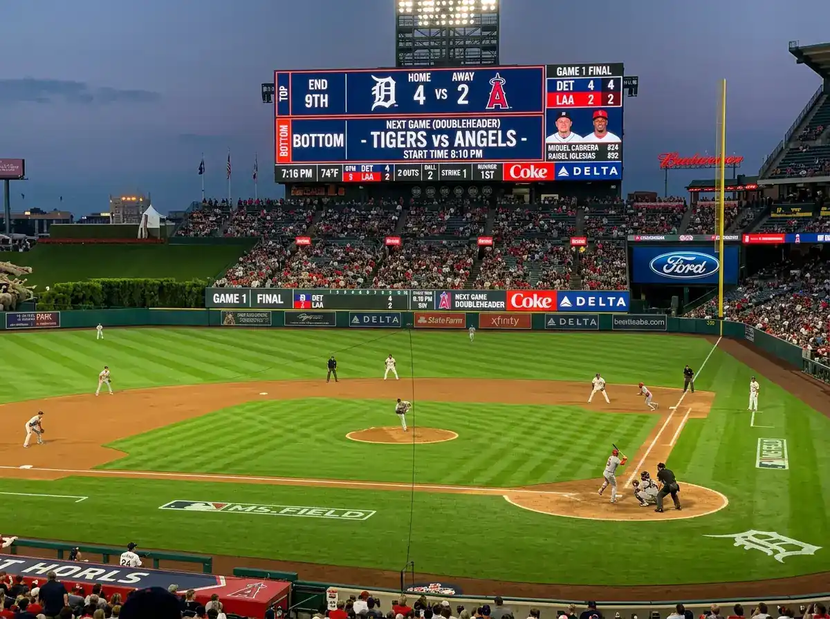 Baseball scoreboard showing Game 1 and Game 2 of an MLB doubleheader at a stadium