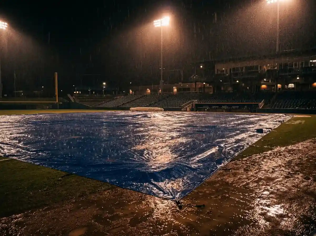 Baseball field covered with tarp during rain delay at MLB stadium